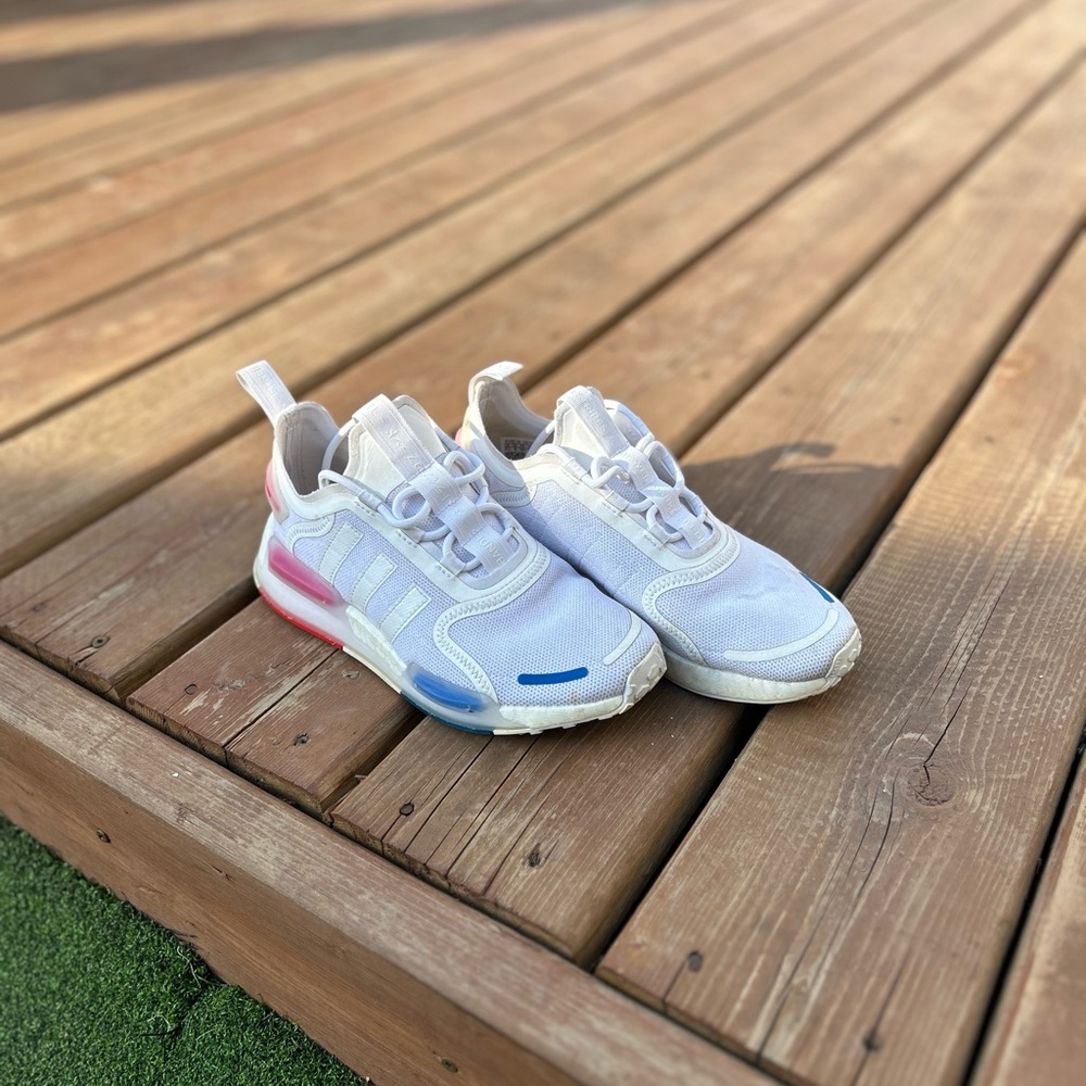 Adidas White Sneakers with Blue and Pink Accents